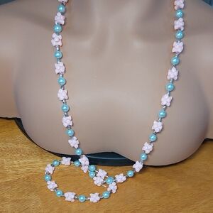 Barbie Pink 34" Long Bead Necklace Blue Faux Pearls
